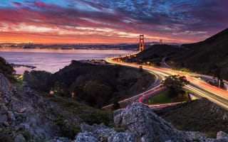 Картинка США, Сан-Франциско, побережье, Калифорния, Сalifornia, мост, огни, океан, ночь