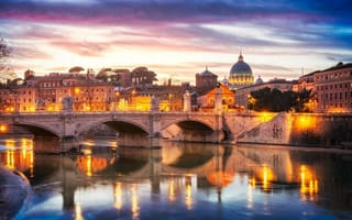 Картинка Италия, город, река, мост, Рим, Italia, здания, собор, свет, Roma Dome