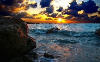 Картинка облака, природа, море, камни, небо, вода, солнце