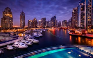 Картинка Дубай Марина, ОАЭ, ночь, небоскребы, Дубай, яхты, 4K