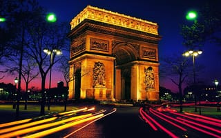 Картинка Триумфальная Арка, дома, ночь, небо, город, Париж, Франция, дороги, деревья