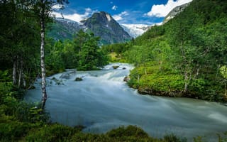 Картинка горная река, Норвегия, лес, лето, горы, Norway, речка, Meltwater