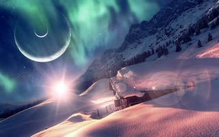 Картинка 3d, графика, небо, сияние, пейзаж, зима, снег, планеты, горы, дом, ночь, сугробы