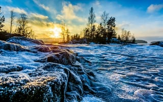 Картинка Финляндия, Пирканмаа, зима, закат, озеро