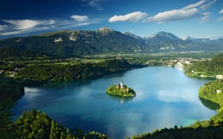 Картинка Бледское озеро, 4к, горы, Европа, Словения, Блед, лето, озеро