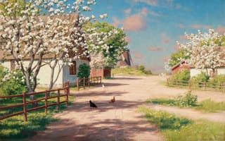 Картинка Йохан Кроутен, 1914, Johan Krouthen, шведский художник, Цыплята на сельской дороге, Swedish painter