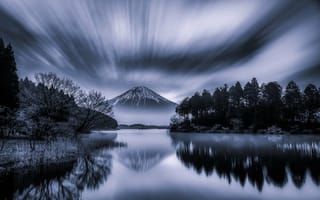 Картинка Деревья, Japan, Fuji, Отражение, Honshu, Хонсю, Япония, Вода, Фудзияма