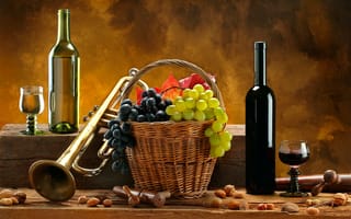 Картинка натюрморт, листья, гроздья, корзина, напиток, виноград, труба, бутылки, бокалы, орехи, вино, штопор, ягоды