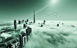 Картинка ОАЭ, город, птицы, небоскрёбы, облака, здания, Дубай, вода, Эмираты