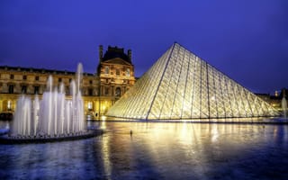 Картинка france, pyramid, paris, музей, париж, museum, пирамида, фонтан, франция, fountain