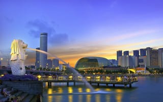 Картинка город, Мерлион, парк, Merlion, здания, Сингапур, фигура, вода, Singapore