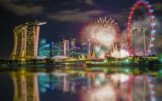 Картинка Singapore, здания, колесо, вода, город, ночь, огни, салют, свет, отражения, Сингапур, фейерверк, небоскрёбы, отель