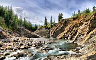 Обои природа, деревья, камни, пейзаж, долина, Canada, леса, Alberta, Sheep River, вода, река