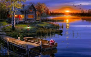 Картинка утки, boat, duck, lake, домик, озеро, autumn, cabin, осень, darrell bush, лодка