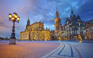 Картинка Дрезден, огни, небо, дома, Германия, площадь, фонарь, вечер