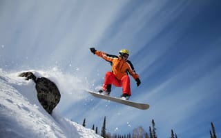 Картинка зима, прыжок, сноуборд, горы, спорт, небо, снег, спортсмен, сноубординг