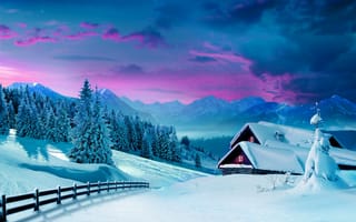 Картинка природа, ели, снег, зима, небо, дома, деревья, заря, горы, пейзаж