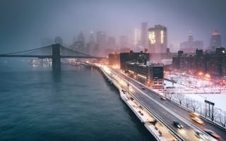Картинка США, туман, мост, город, ночь, Нью Йорк, вечер, огни