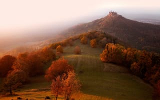 Картинка осень, туман, замок, утро, Германия, дымка, свет, холм