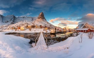 Картинка зима, Норвегия, снег, поселение, горы