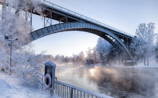 Обои зима, арка, утро, снег, река, мост