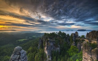 Картинка лес, Germany, Эльбские Песчаниковые горы, облака, горы, мост, Саксонская Швейцария, Saxon Switzerland