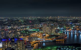 Картинка огни, Токио, город, ночь, здания, дороги, Япония