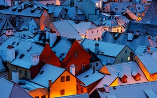 Картинка вечер, снег, зима, свет, город, дома, утро, крыши