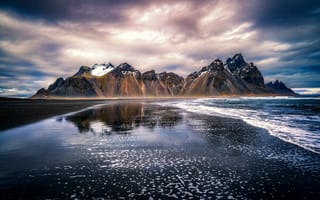 Картинка горы, вершины, берег, Исландия, водоем