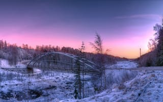 Картинка мост, дорога, закат, снег, зима, лес