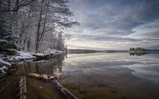Картинка зима, тишина, снег, природа, река, отражение, деревья