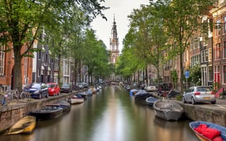 Картинка Amsterdam, деревья, канал, Амстердам, город, Нидерланды, велосипеды, дома, машины, река, Nederland, лодки, вода, мост, здания
