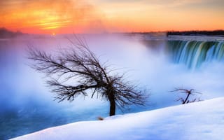 Обои ниагарский водопад, снег, утро, дерево, река, солнце, канада, зима, ниагара