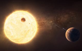 Картинка звездная система, спутник, планеты, солнце, пустота, корабли, огни