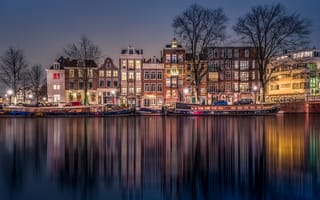 Картинка Amsterdam, канал, ночь, дома, огни