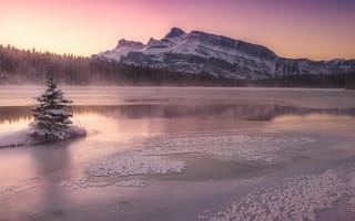 Картинка озеро, утро, горы, ёлка, лед
