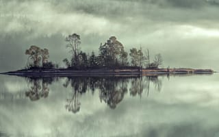Картинка небо, река, остров, озеро, туман, деревья