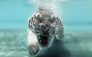 Картинка клыки, в воде, белый тигр, животное, пасть, морда, хищник