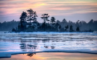 Картинка закат, зима, озеро, снег, пейзаж, деревья