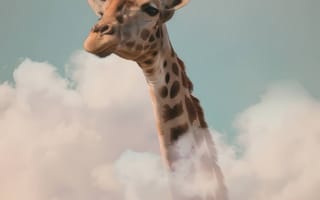 Картинка сюрреалистическое животное, жираф в облаках, мечтательные портреты животных, творческое искусство дикой природы, причудливые сцены природы, креативные композиции с животными, фэнтезийные изображения животных, ИИ искусство