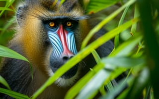 Картинка мандрилловая обезьяна, дикая природа, примат, тропический лес, природа, яркие цвета, зеленая листва, малая глубина резкости, портрет животного, ИИ искусство