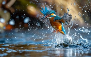 Картинка зимородок птица, дикая природа, всплеск воды, природа, птица в действии, драматическое освещение, оранжевый и синий цвета, ИИ искусство