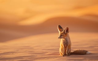 Картинка Фенек, закат в пустыне, дикая природа, природа, животное, милый, песчаные дюны, золотой час, пейзаж, ИИ искусство
