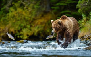 Картинка медведь гризли, дикая природа, Медвежья рыбалка, лосось, река, природа, боевой выстрел, Аляска, приключение на свежем воздухе, ИИ искусство