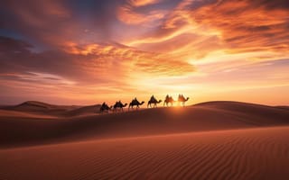 Картинка Закат в пустыне Сахара, песчаные дюны, караван верблюдов, пустынный пейзаж, Природные пейзажи, путешествовать, золотой час, силуэты, ИИ искусство