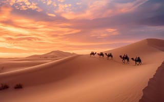 Картинка Закат в пустыне Сахара, песчаные дюны, караван верблюдов, пустынный пейзаж, Природные пейзажи, путешествовать, золотой час, силуэты, ИИ искусство
