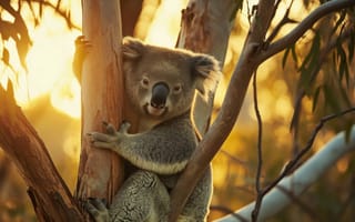 Картинка коала, австралийская дикая природа, природа, закат, портрет животного, сумчатый, ветвь дерева, золотой час, естественная среда обитания, боке, атмосферный, знаковые виды, ИИ искусство