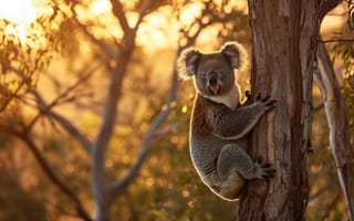 Картинка коала, австралийская дикая природа, природа, закат, портрет животного, сумчатое животное, ветвь дерева, золотой час, естественная среда обитания, боке, атмосферный, знаковые виды, ИИ искусство