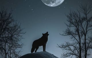 Картинка иллюстрация волка, искусство полнолуния, Сцена в заснеженном лесу, цифровая живопись, природа, зимний пейзаж, животное искусство, ночное небо, Звездная ночь, монохромное искусство, ИИ искусство