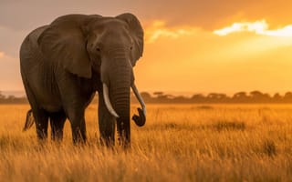 Картинка Африканский слон, дикая природа, закат, саванна, природа, сафари, золотой час, акации, луга, величественные животные, ИИ искусство